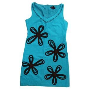 Signature by Robbie Bee Aqua Floral Beaded Linen Blend Shift Dress Size 8